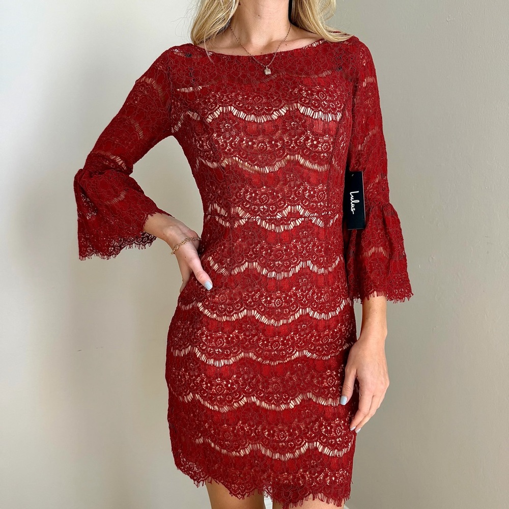 NWT - Lulu's Burgundy Lace Long Sleeve Cocktail Dress